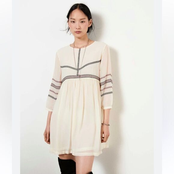 Ba&Sh Colombe Embroidered Boho Mini White Shift Dress Long Sleeve Size M - Picture 3 of 12